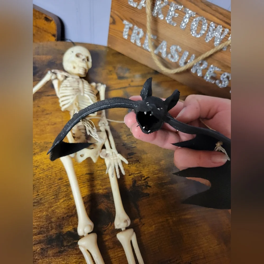 Vintage lot of 3 Halloween decorations Skeleton, Witch, rubber bat